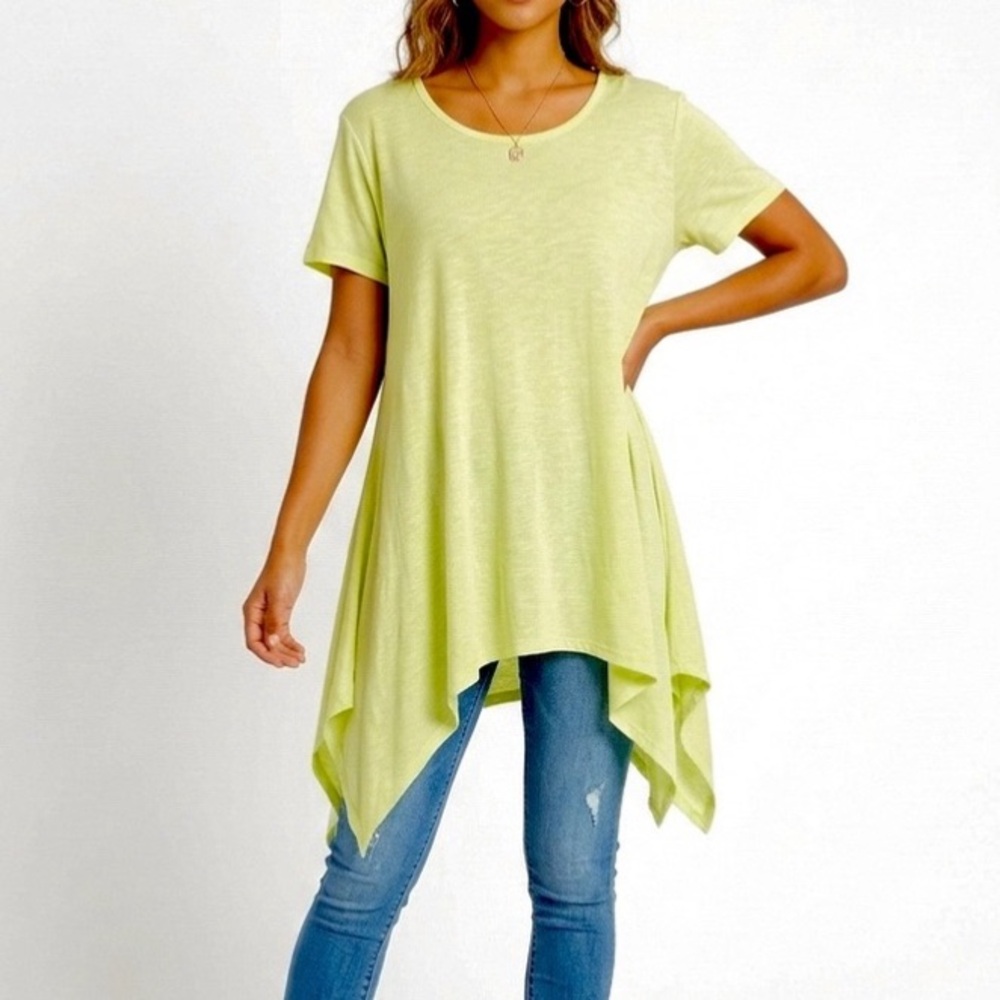 MAGAZINE Lime Yellow Hankerchief Hem Short Sleeve Tunic Top Swing Mini Dress NWT